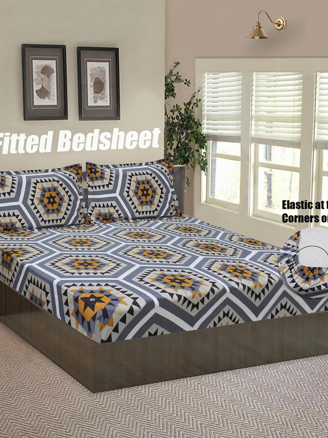 

Good Homes by Home Candy Off White & Grey Geometric 144 TC Queen Bedsheet with 2 Pillow Covers