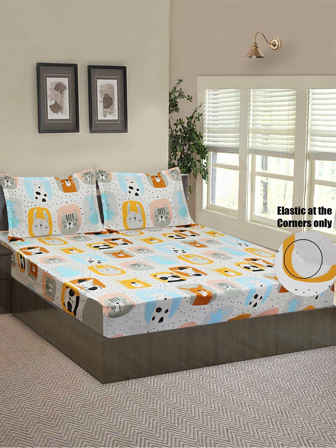 

Good Homes by Home Candy White & Yellow Graphic 144 TC Queen Bedsheet with 2 Pillow Covers