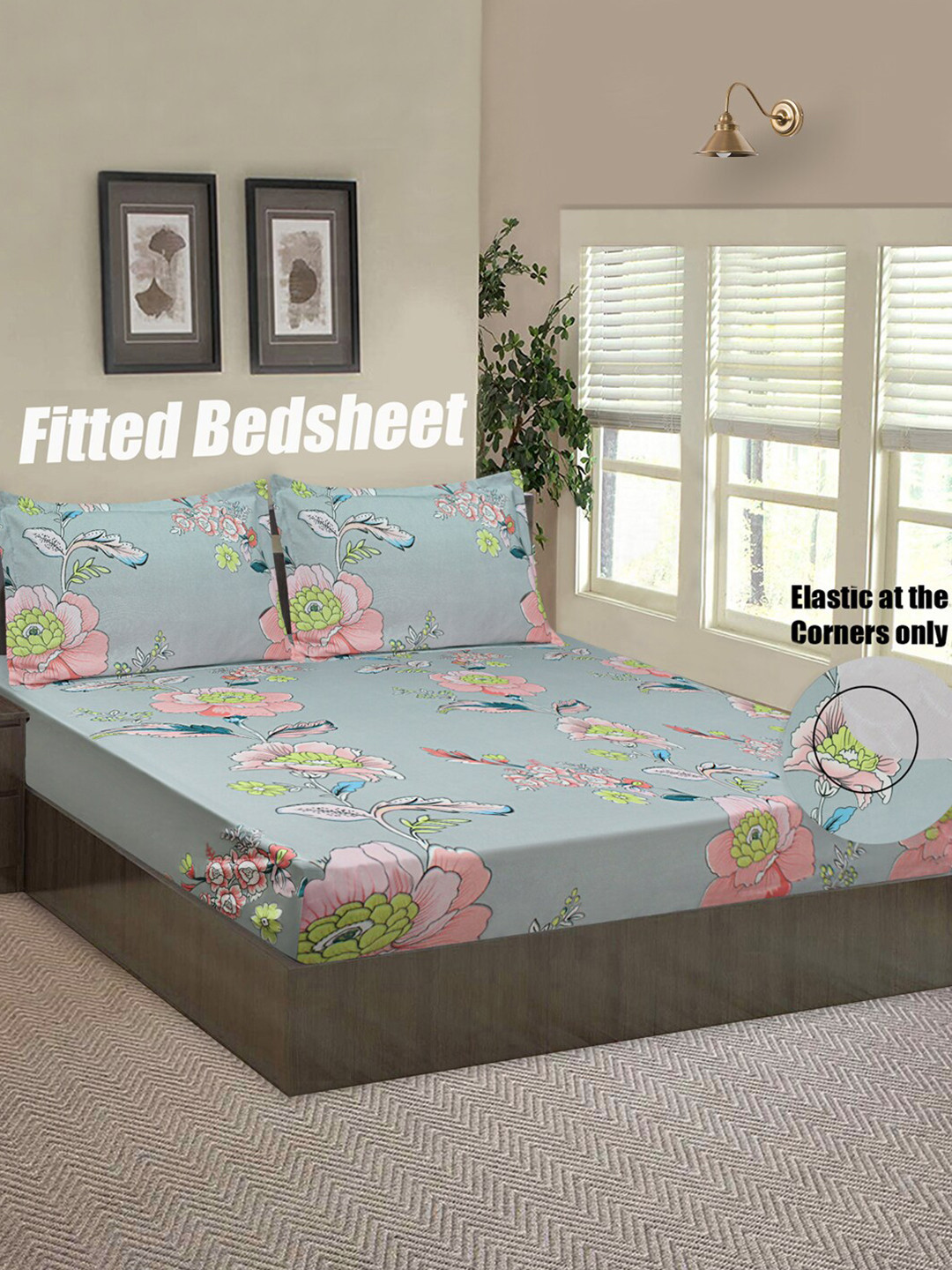 

Good Homes by Home Candy Grey & Pink Floral 144 TC Queen Bedsheet with 2 Pillow Covers