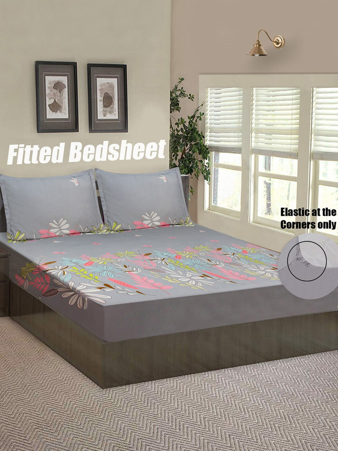 

Good Homes by Home Candy Grey & Pink Floral 144 TC Queen Bedsheet with 2 Pillow Covers