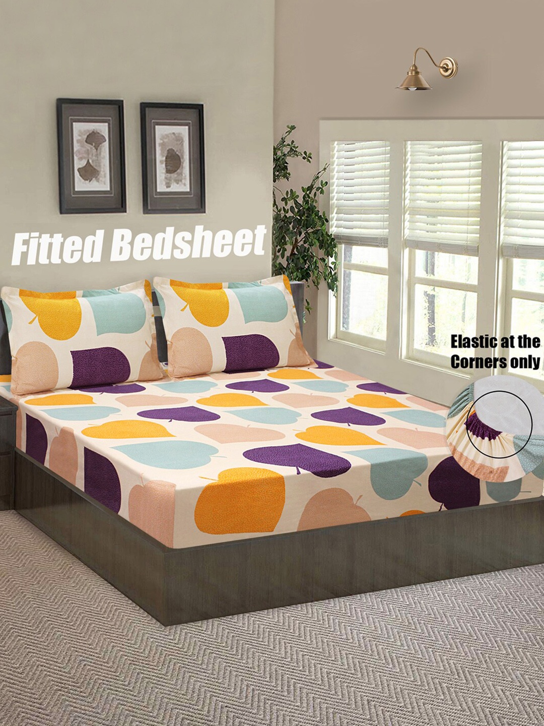 

Good Homes by Home Candy Cream-Coloured & Yellow Graphic 144 TC Queen Bedsheet with 2 Pillow Covers