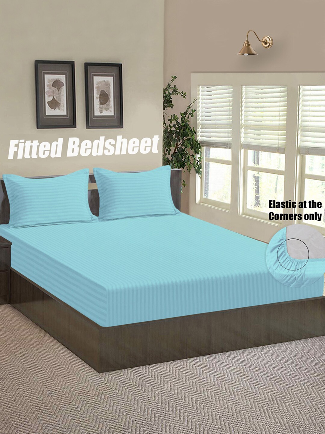 

Good Homes by Home Candy Blue Striped 144 TC Queen Bedsheet with 2 Pillow Covers