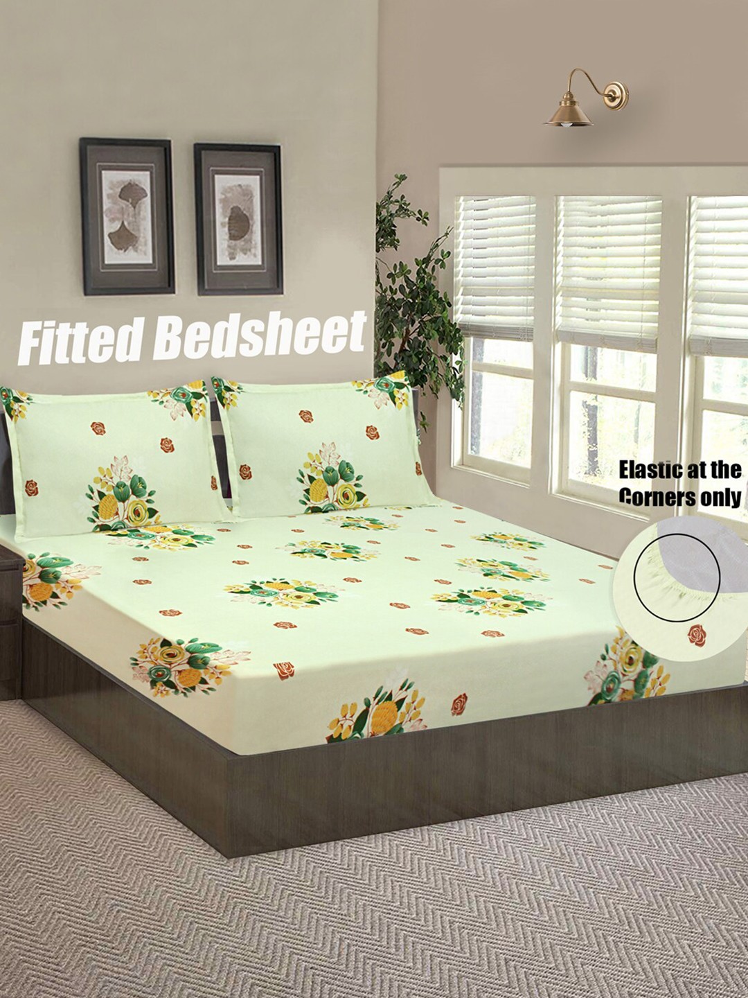 

Good Homes by Home Candy Green & Brown Floral 144 TC Queen Bedsheet with 2 Pillow Covers
