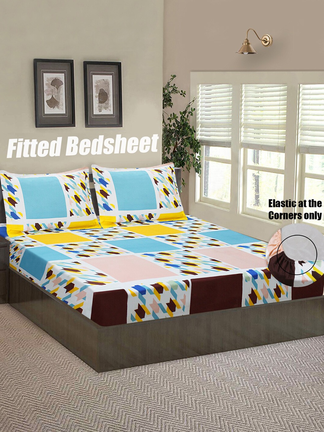 

Good Homes by Home Candy Turquoise Blue & Yellow Geometric 144 TC Queen Bedsheet with 2 Pillow Covers