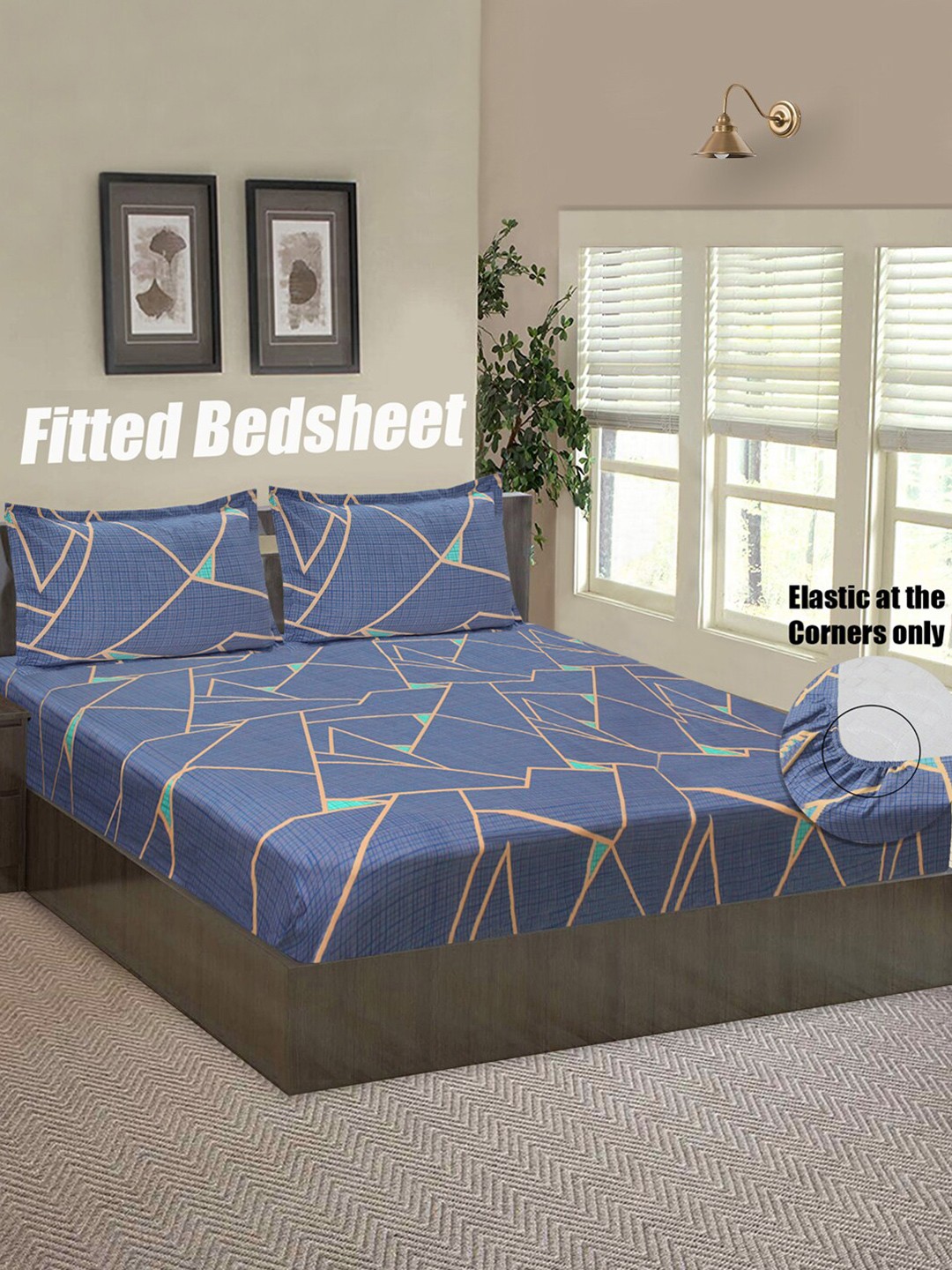 

Good Homes by Home Candy Blue & Brown Geometric 144 TC Queen Bedsheet with 2 Pillow Covers