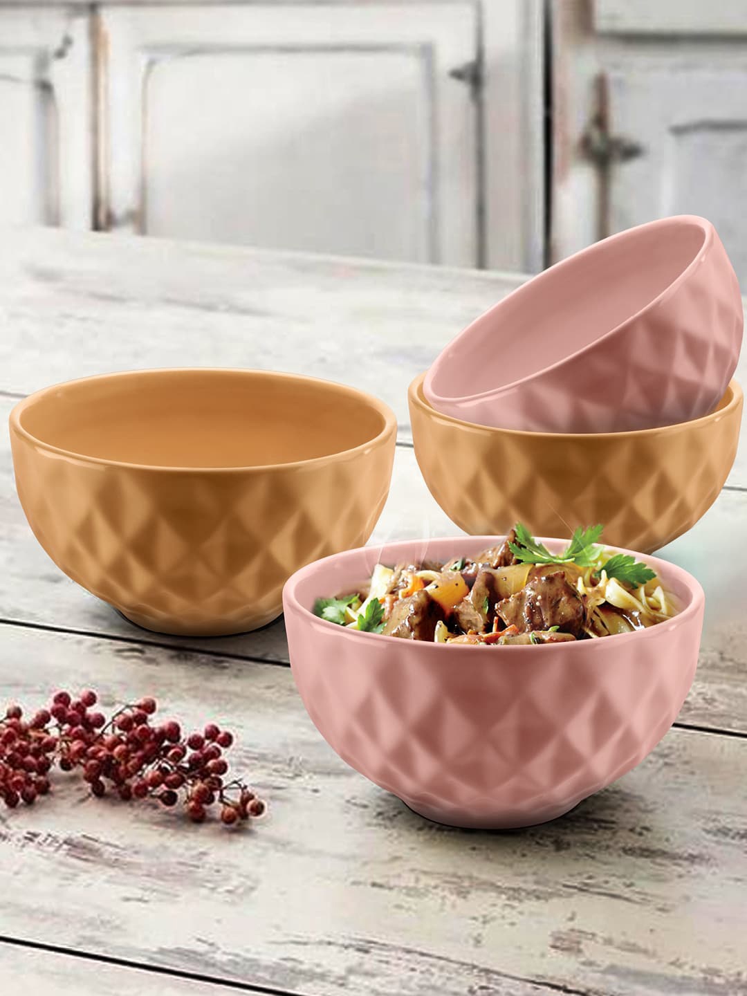 

URBAN CHEF Set Of 4 Handcrafted Ceramic Serving Bowls, Peach