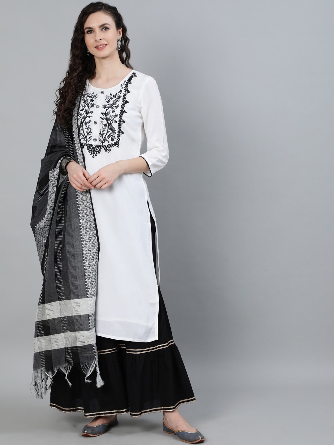 

Jaipur Kurti Women White Embroidered Pure Cotton Kurta with Sharara & With Dupatta