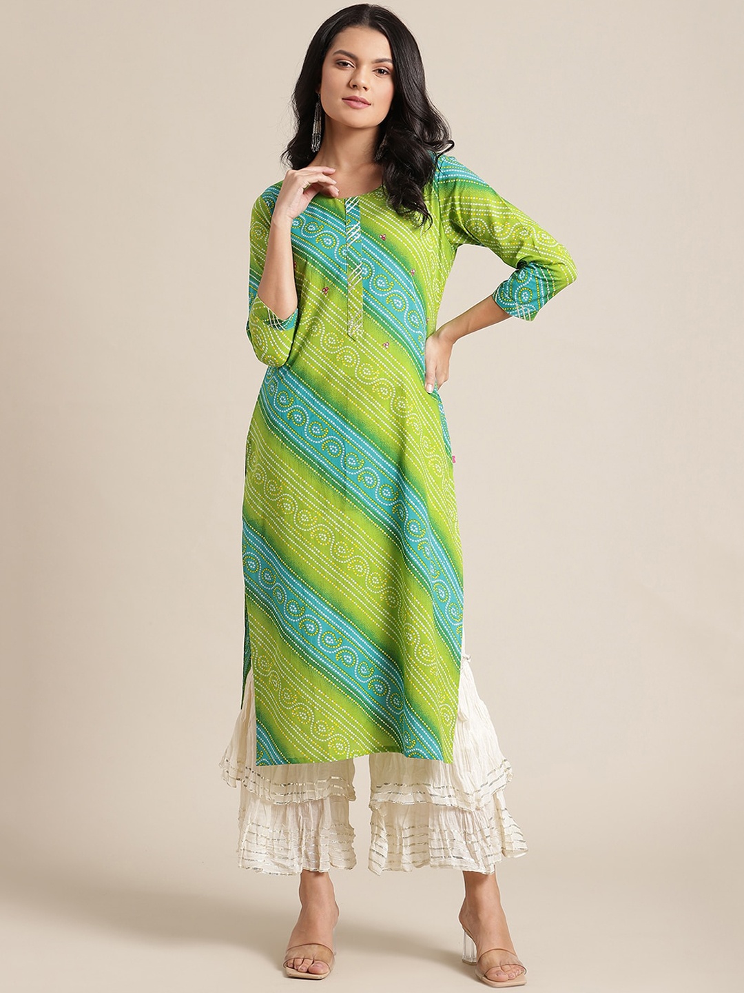

Varanga Women Lime Green Bandhani Printed Gotta Patti Kurta