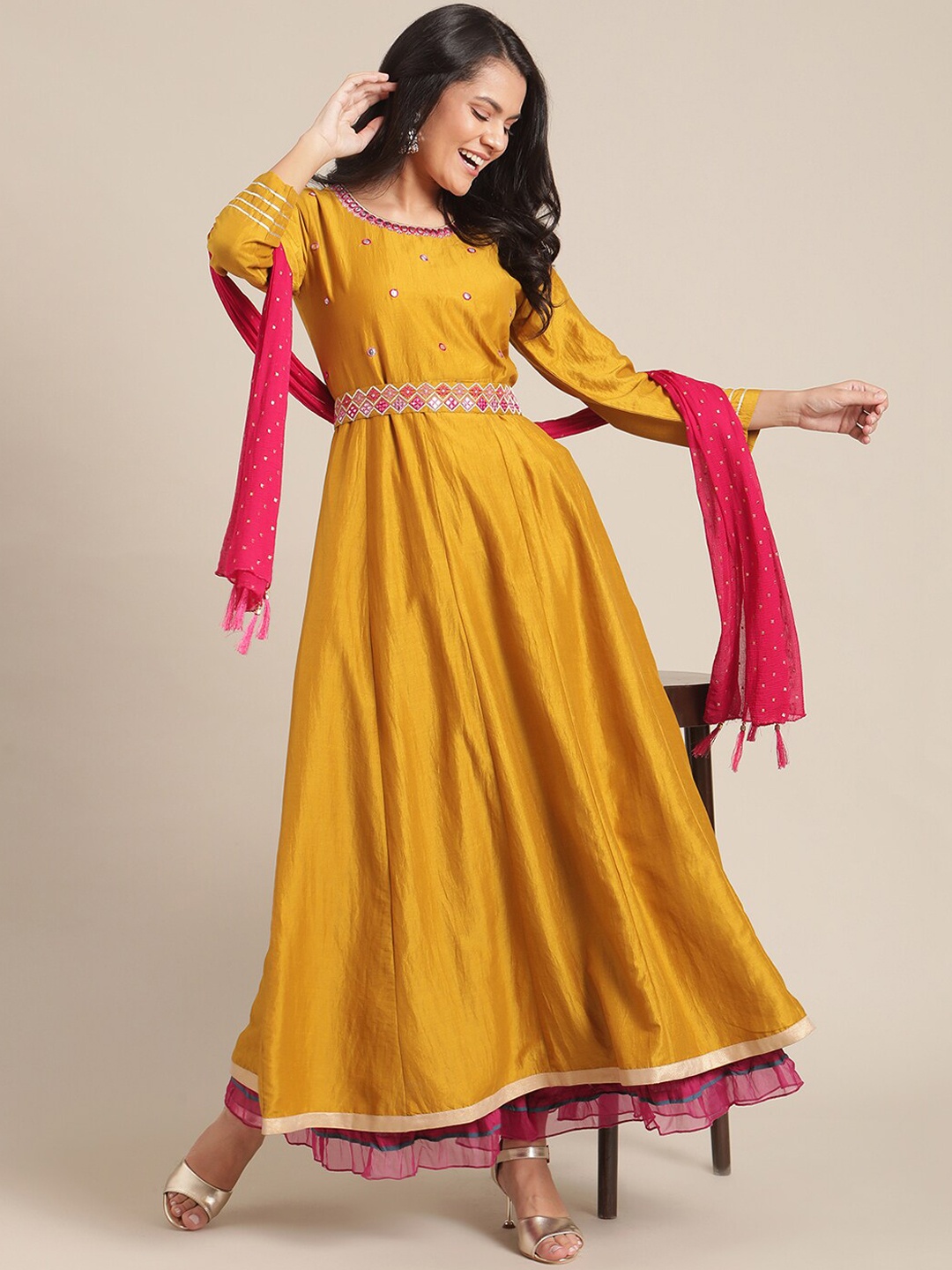 

Varanga Women Mustard Yellow Embroidered Gotta Patti Anarkali Kurta
