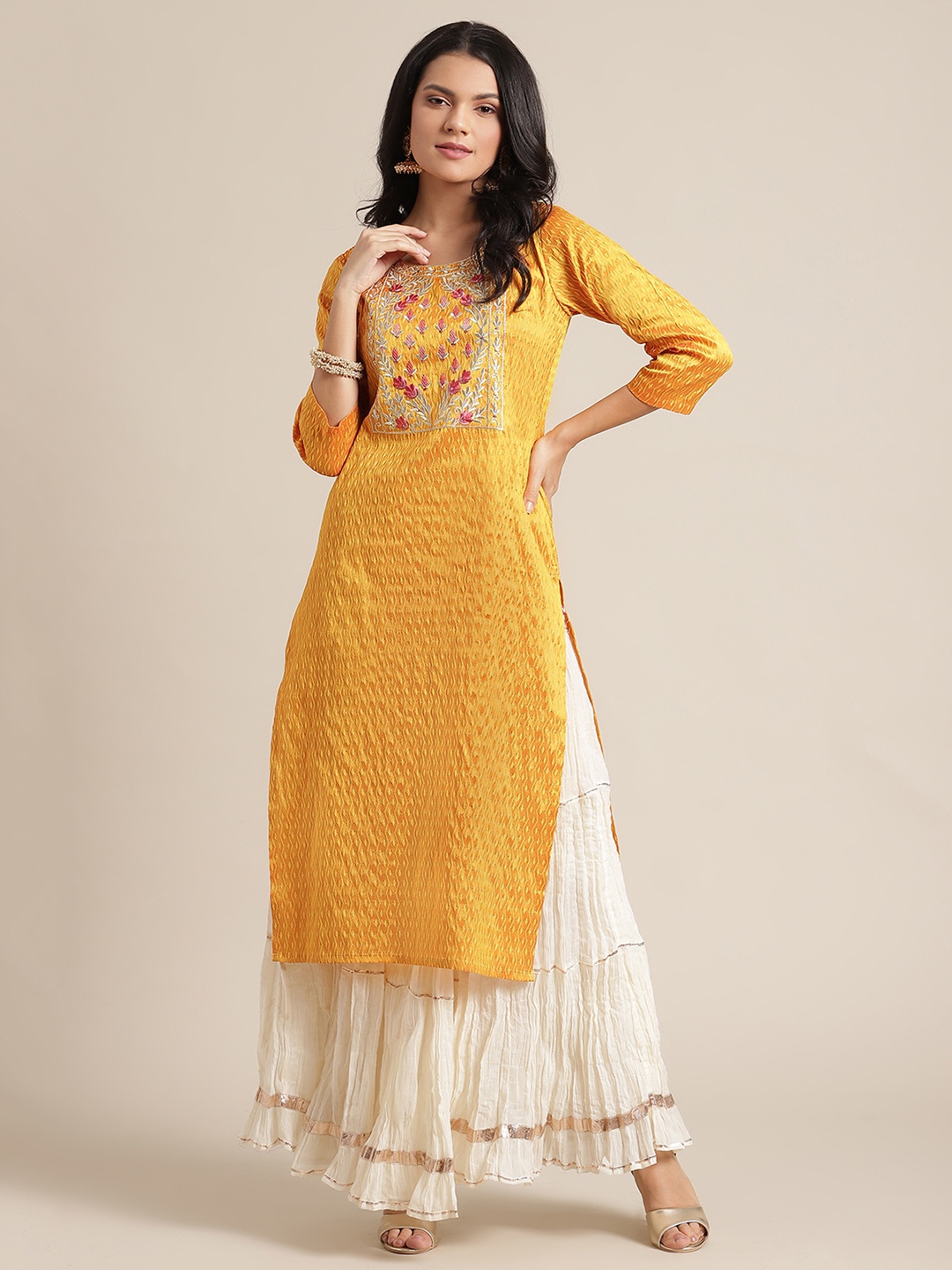 

Varanga Women Yellow Floral Embroidered Jacquard Kurta