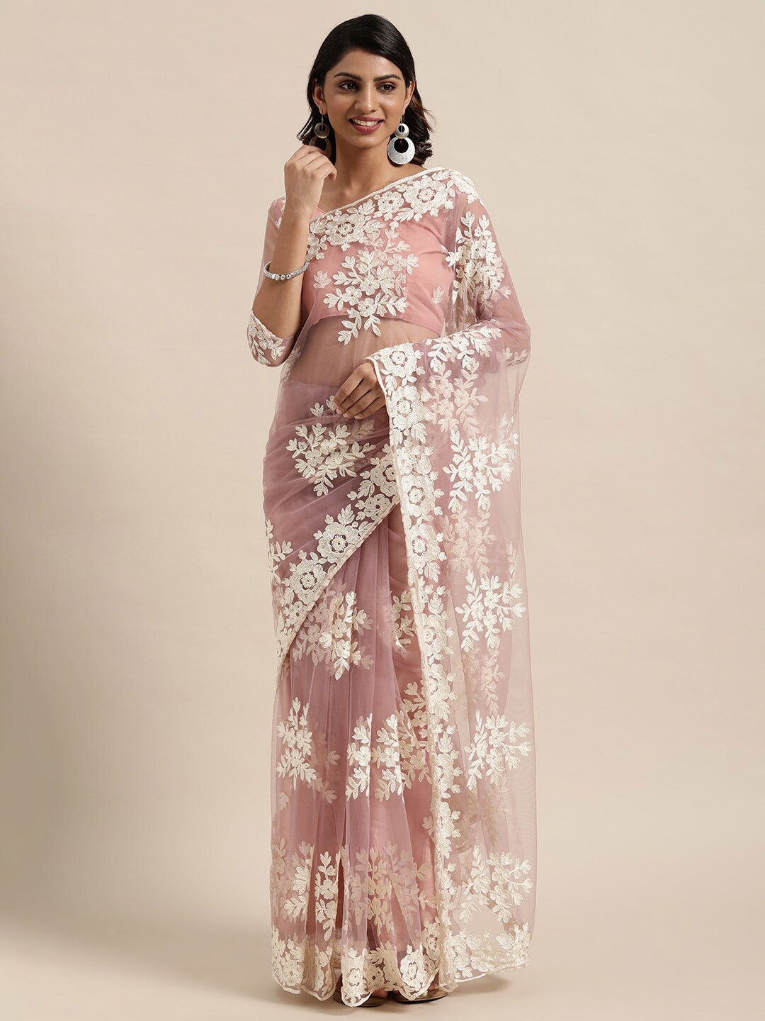 

Kalista Mauve & White Floral Patchwork Net Saree