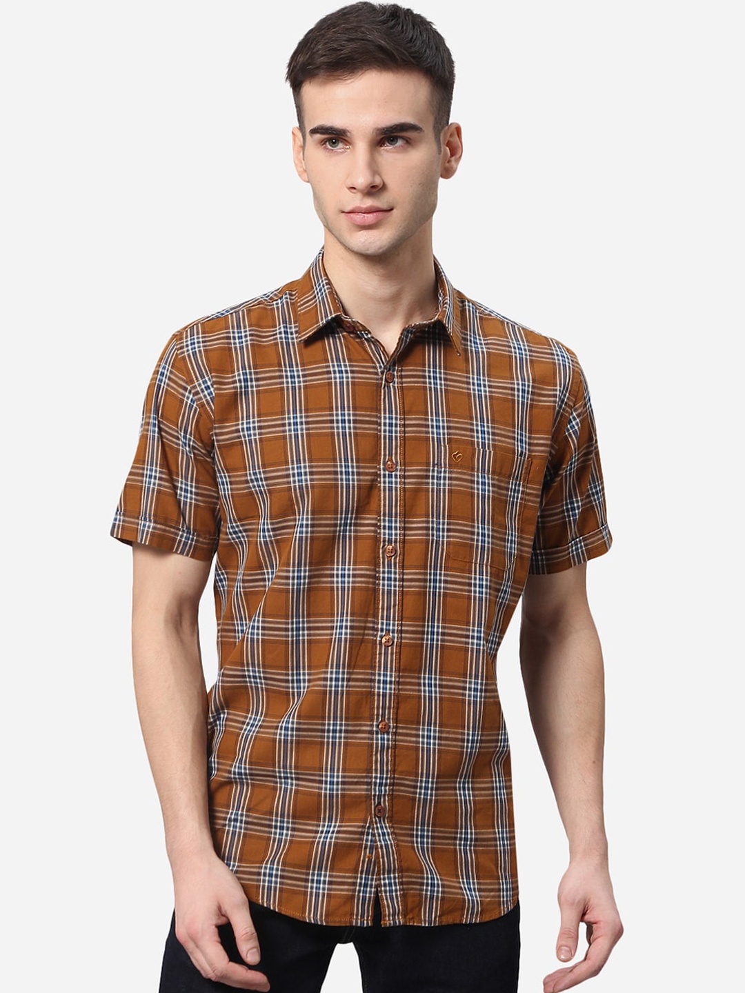 

Greenfibre Men Brown Tartan Checks Checked Casual Cotton Shirt