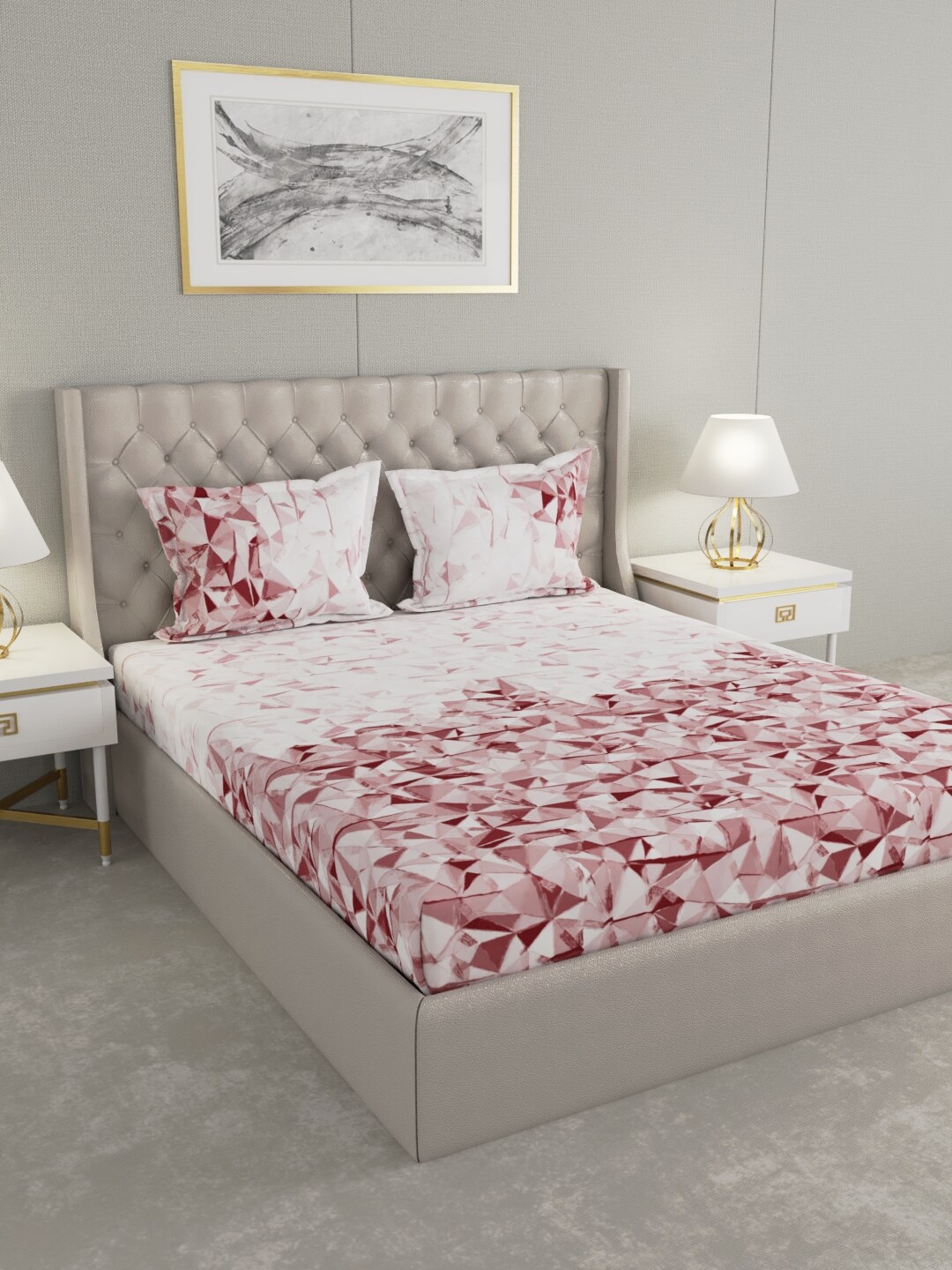 

Raymond Home White & Pink Geometric 200 TC King Bedsheet with 2 Pillow Covers