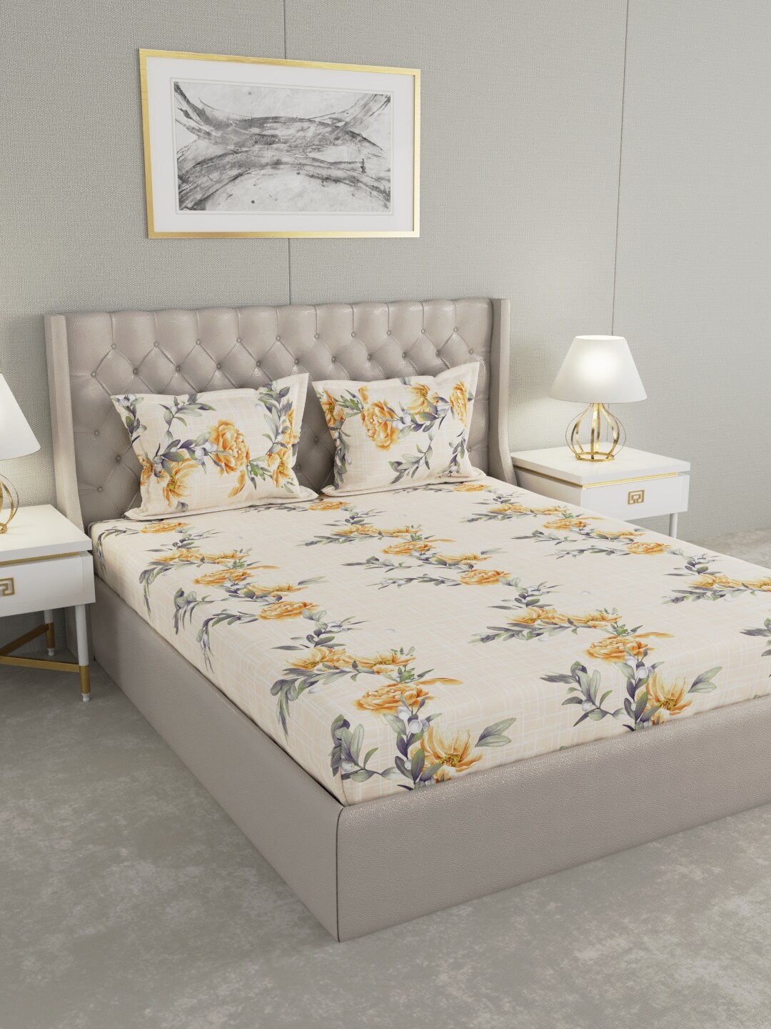 

Raymond Home Beige & Yellow Floral 200 TC King Bedsheet with 2 Pillow Covers