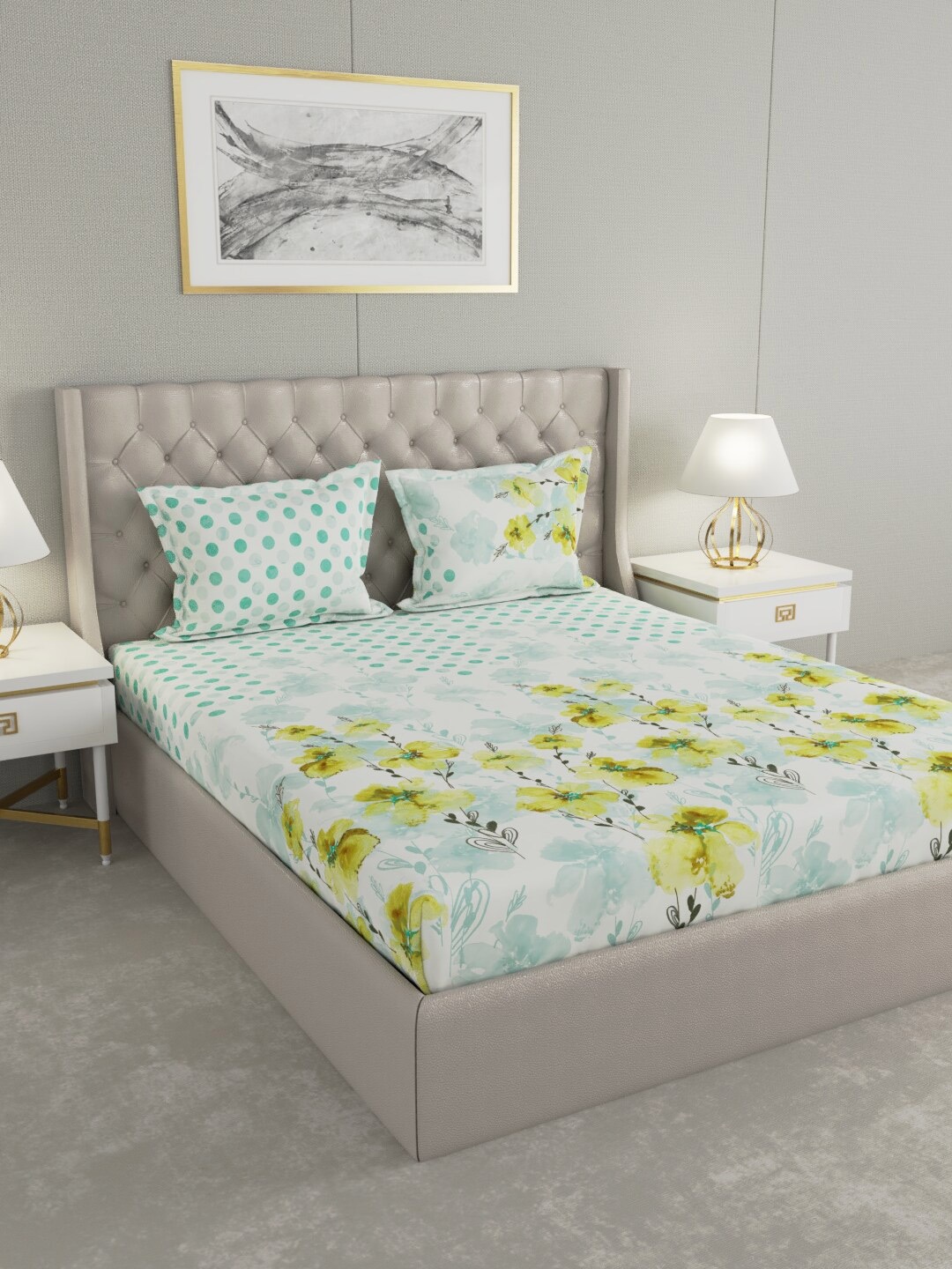 

Raymond Home White & Green Floral 200 TC King Bedsheet with 2 Pillow Covers