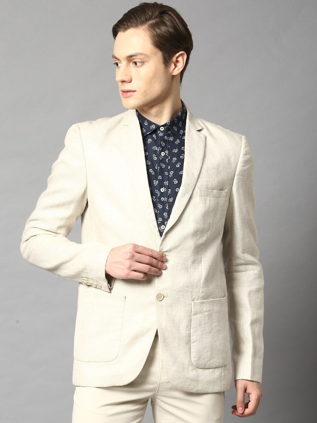 

HARSAM Men Beige Single-Breasted Casual Blazer