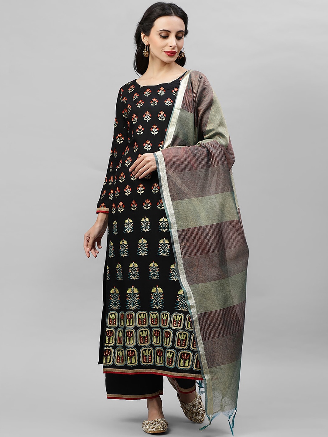 

Indo Era Women Black Ethnic Motifs Printed Liva Kurta with Trousers & With Dupatta