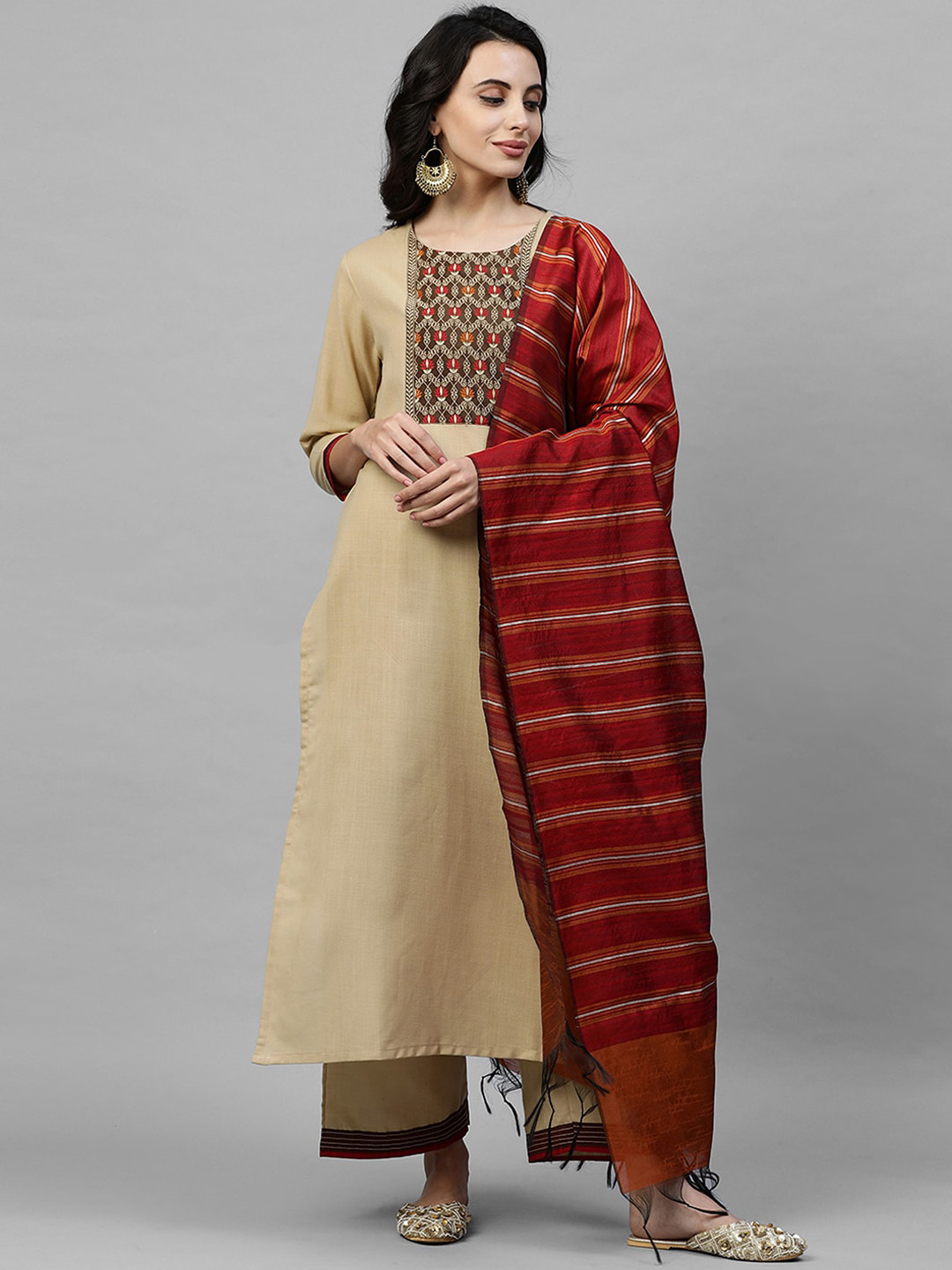 

Indo Era Women Beige Yoke Design Pure Cotton Kurta with Trousers