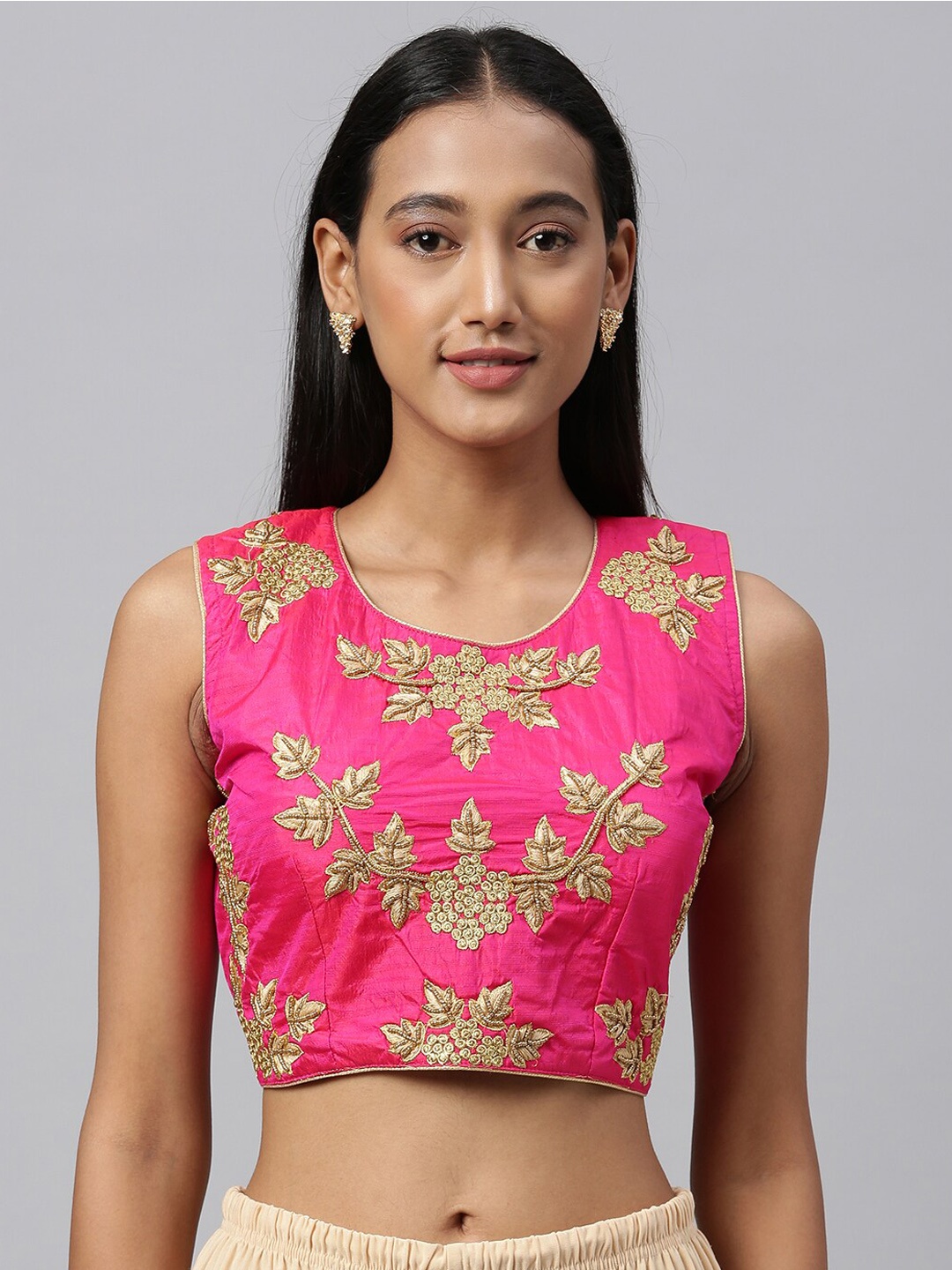 

Amrutam Fab Pink & Gold-Coloured Embroidered Raw Silk Saree Blouse