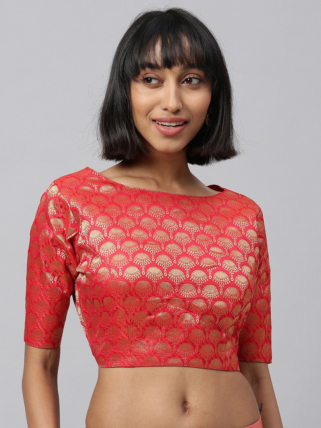 

Amrutam Fab Women Red & Gold-Coloured Woven-Design Jacquard Saree Blouse