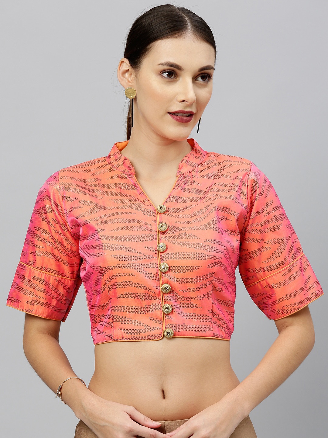 

Amrutam Fab Peach-Coloured & Pink Brocade Embellished Raw Silk Saree Blouse