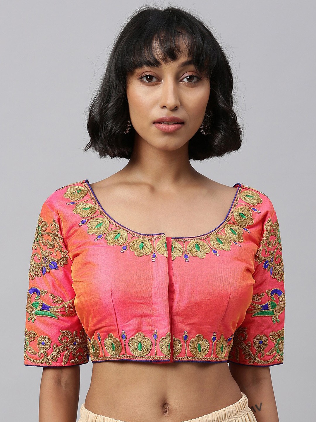 

Amrutam Fab Women Peach-Coloured & Gold-Coloured Embroidered Saree Blouse