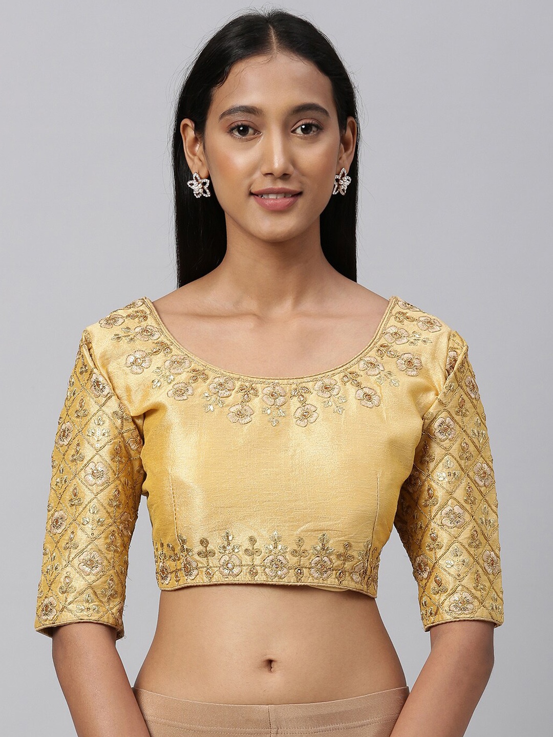 

Amrutam Fab Women Beige & Gold-Coloured Embroidered Saree Blouse