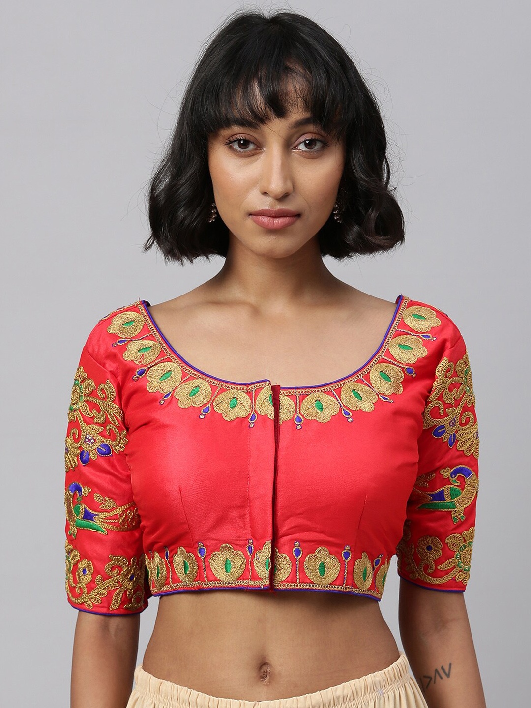 

Amrutam Fab Women Red & Gold-Coloured Embroidered Saree Blouse