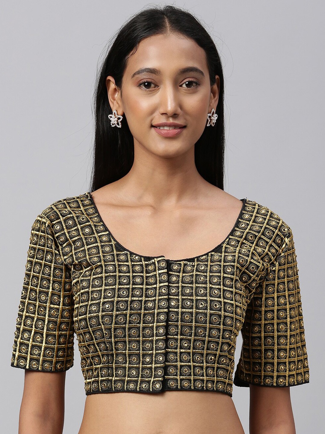 

Amrutam Fab Women Black & Gold-Coloured Embroidered Saree Blouse