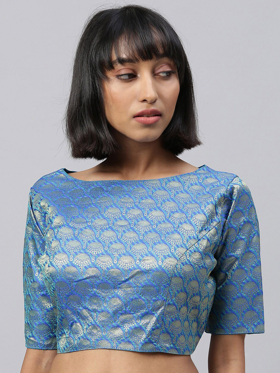 

Amrutam Fab Women Blue & Gold-Toned Woven Design Jacquard Saree Blouse