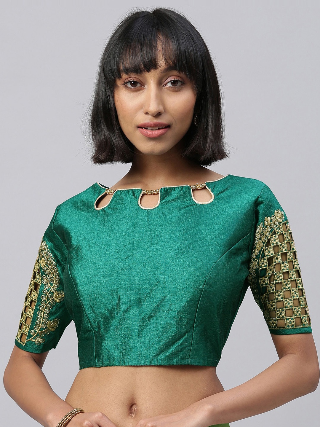 

Amrutam Fab Green & Gold-Coloured Embroidered Saree Blouse