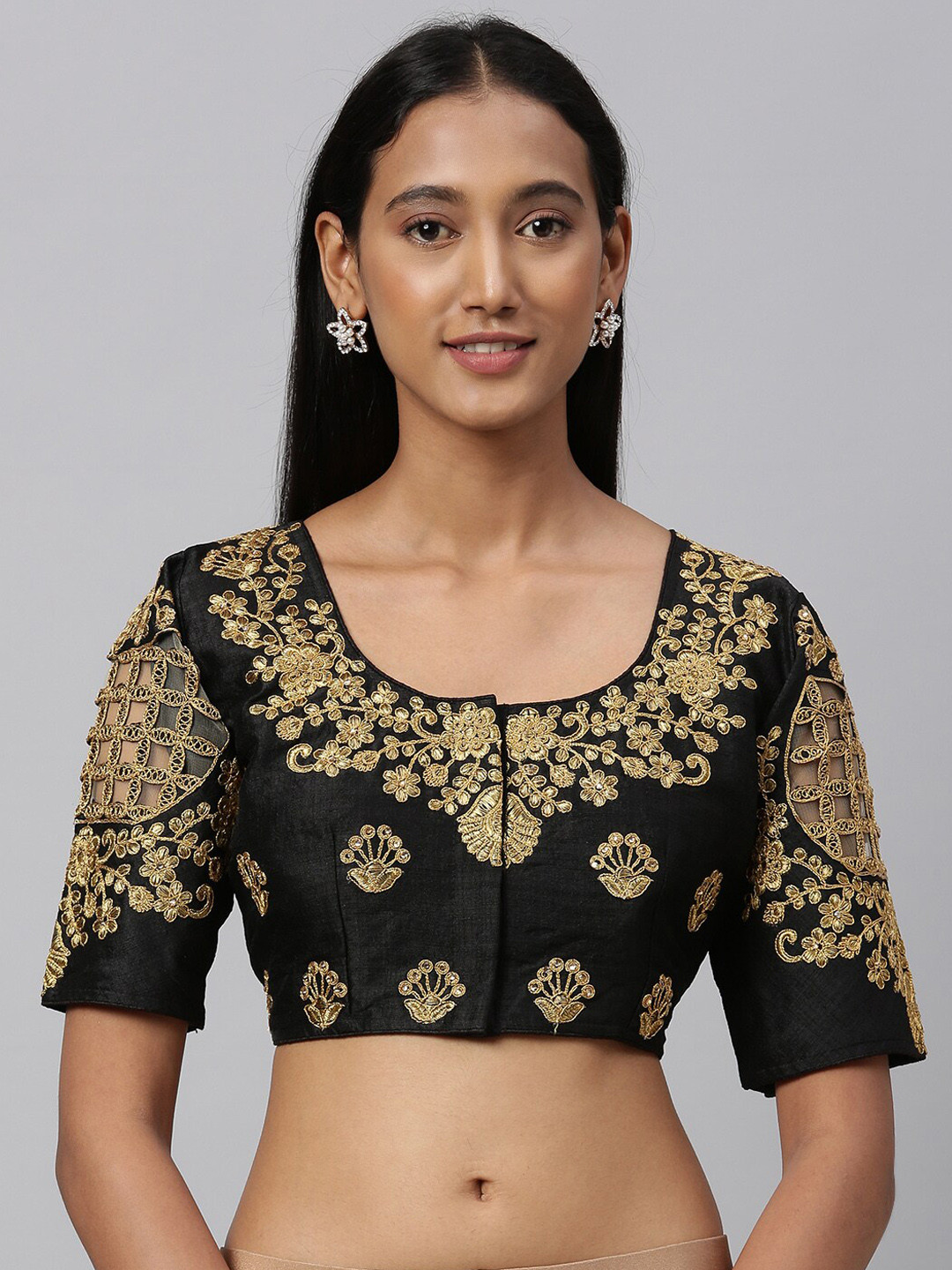 

Amrutam Fab Black & Gold-Coloured Embroidered Saree Blouse