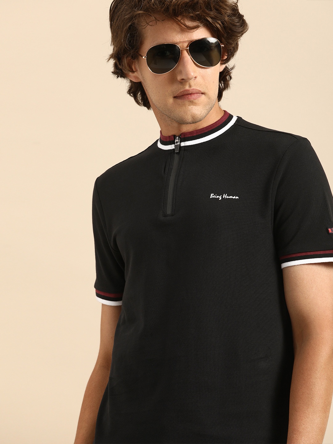 

Being Human Men Black Henley Neck T-shirt With Printed Detailing