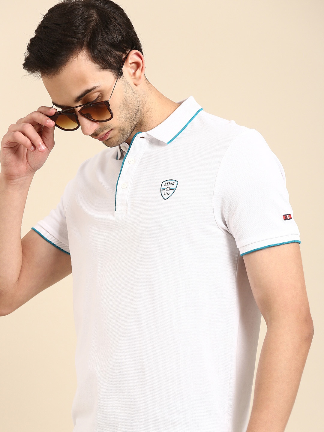 Being Human Men White Solid Pure Cotton Polo Collar Applique Pure Cotton T-shirt