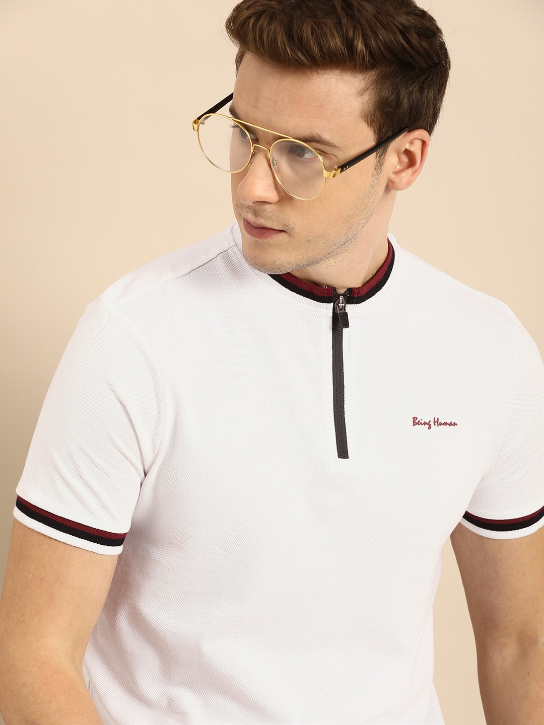 

Being Human Men White Henley Neck T-shirt With Printed Detailing