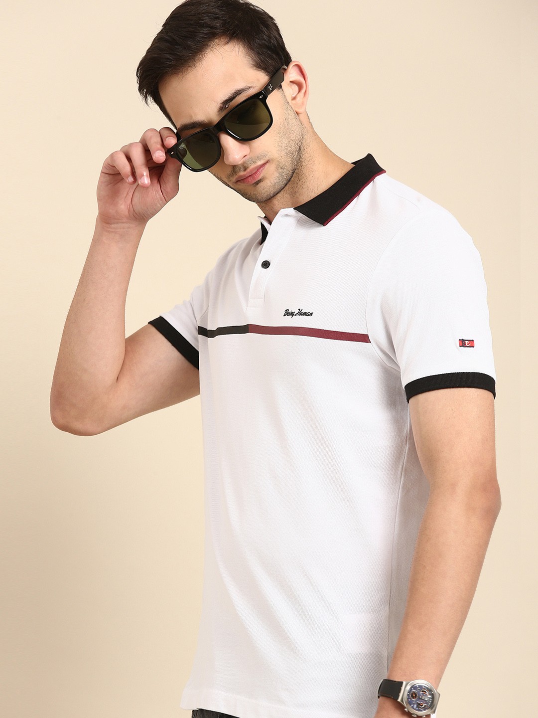 

Being Human Men White Solid Pure Cotton Polo Collar Pure Cotton T-shirt With Stripe Detail
