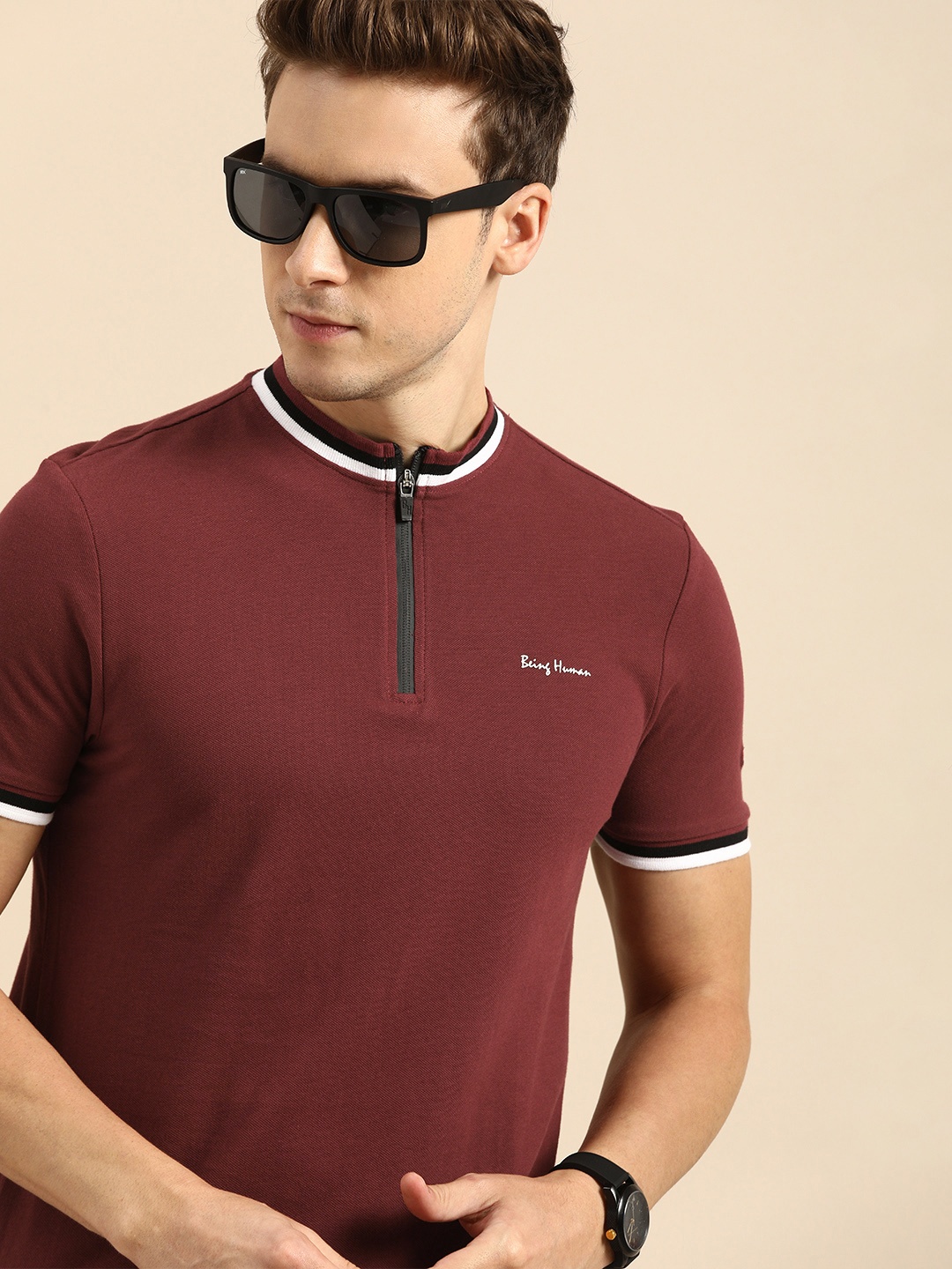 

Being Human Clothing Men Maroon Henley Neck T-shirt With Printed Detailing