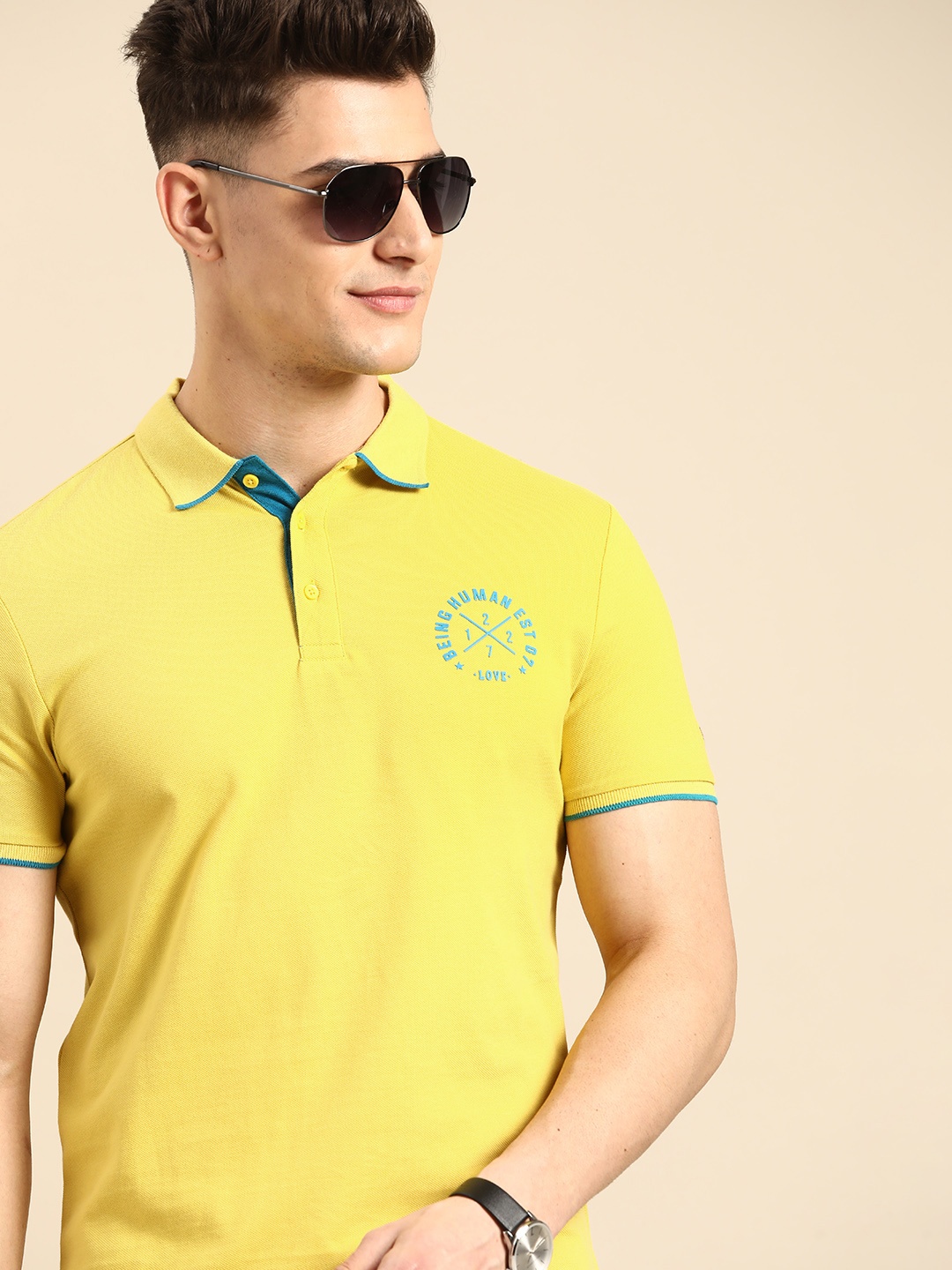 

Being Human Men Lemon Yellow Pure Cotton Polo Collar T-shirt