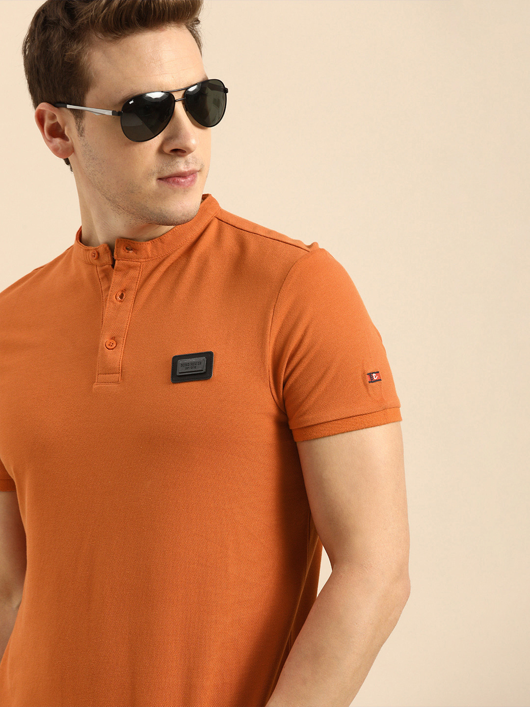 

Being Human Men Rust Orange Mandarin Collar Pure Cotton T-shirt with Applique