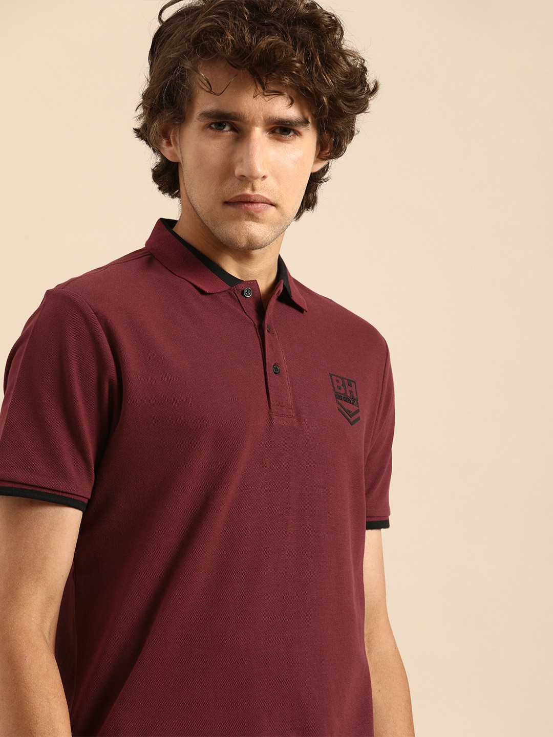 

Being Human Men Maroon Polo Collar T-shirt With Printed Detailing