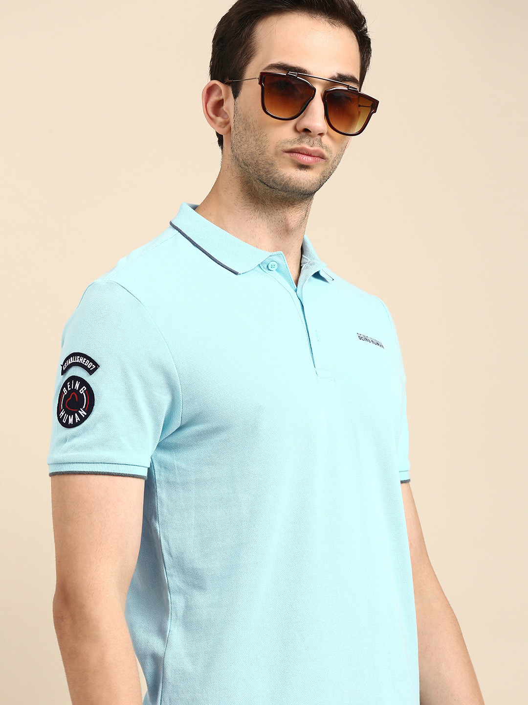 

Being Human Men Turquoise Blue Solid Pure Cotton Polo Collar Applique Pure Cotton T-shirt