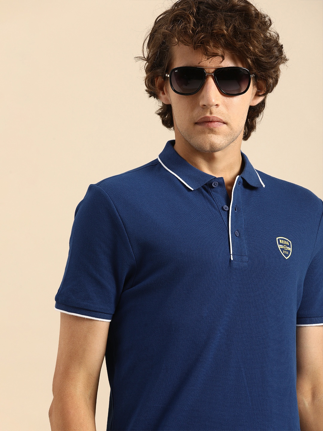 

Being Human Men Navy Blue Polo Collar T-shirt With Printed Detailing