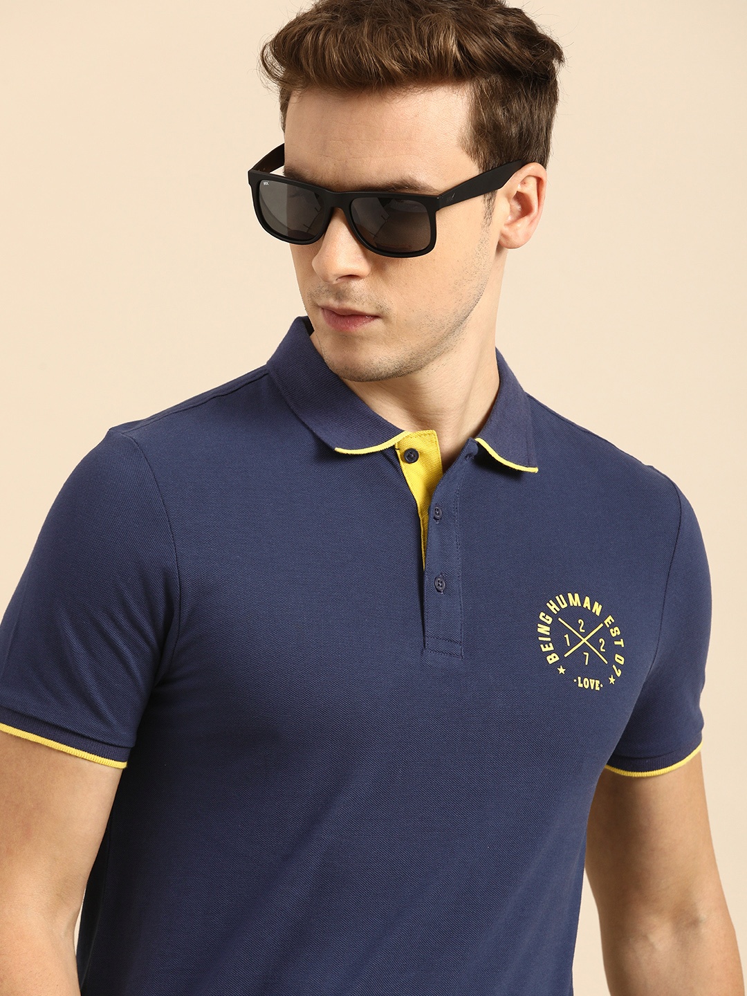 

Being Human Men Navy Blue Polo Collar T-shirt With Printed Detailing