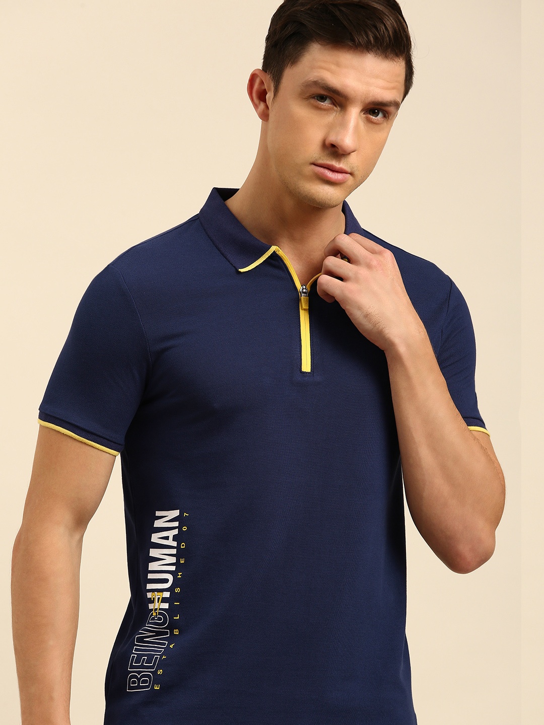 

Being Human Clothing Men Navy Blue Typography Placement Printed Polo Collar Pure Cotton T-shirt