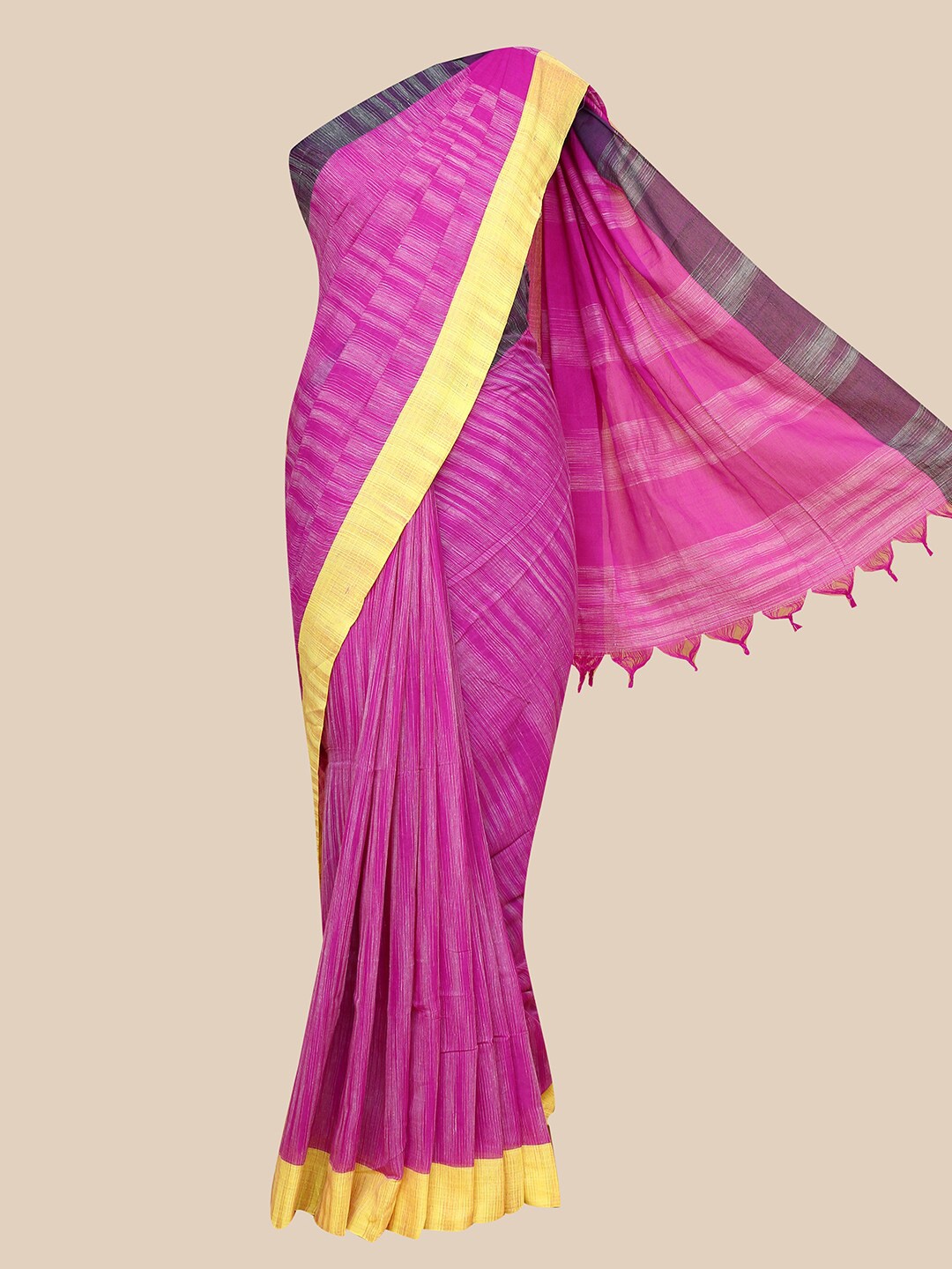 

The Chennai Silks Violet & Gold-Toned Striped Linen Blend Fusion Saree