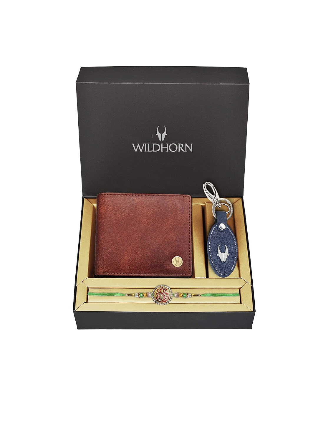 

WildHorn Brown Leather Wallet and Blue Keychain with Rakhi Combo Gift Set