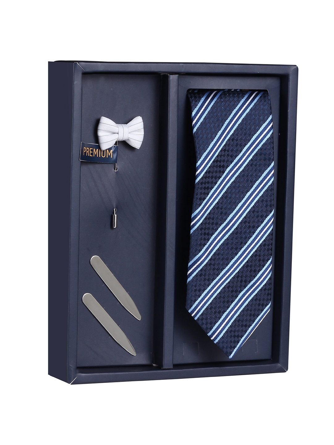 

PELUCHE Men Navy Blue Striped Broad Tie with Brooch & Collar Stay