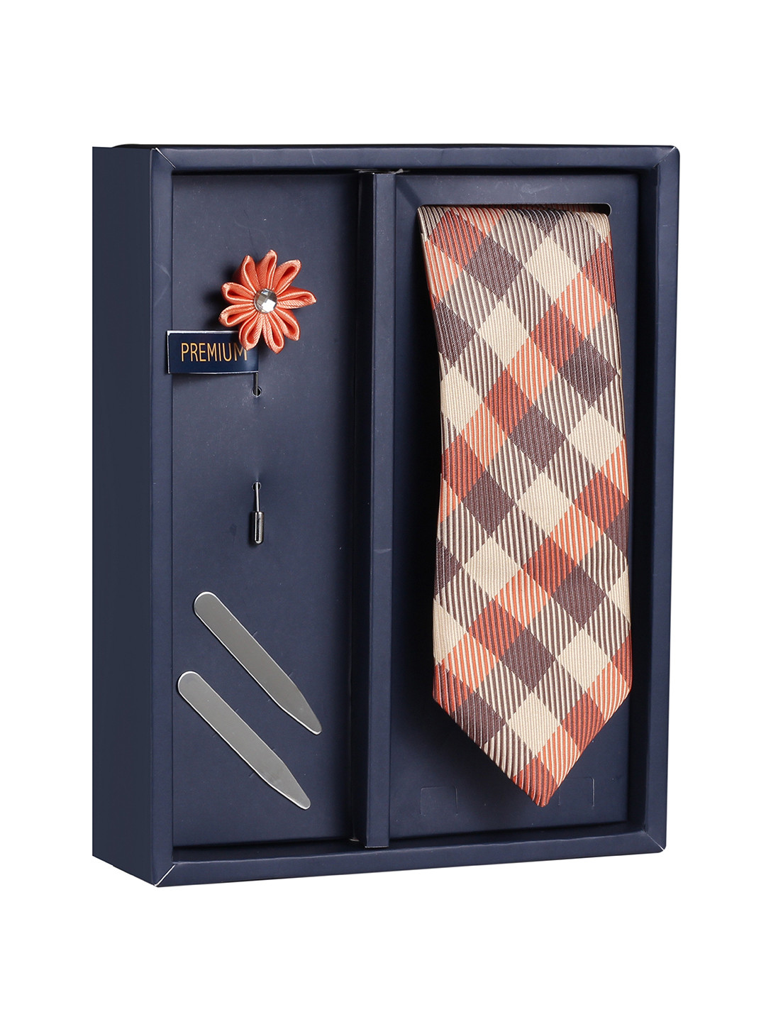 

PELUCHE Men Orange & Assorted Checked Broad Tie with Brooch & Collar Stay