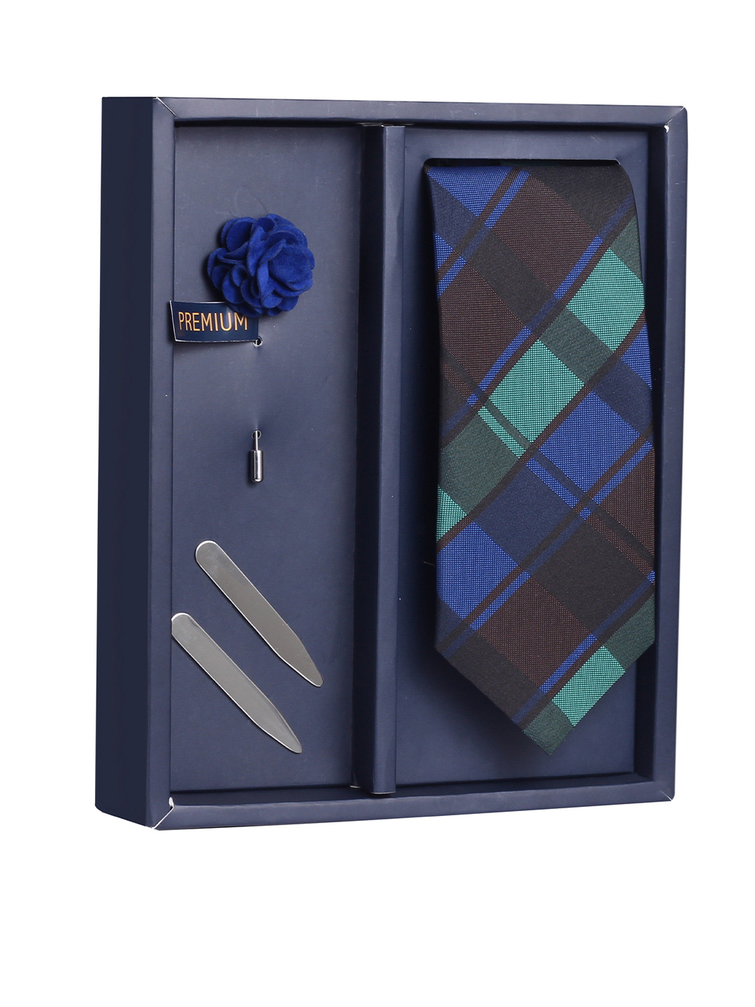 

PELUCHE Men Blue & Green Checked Broad Tie with Brooch & Collar Stay