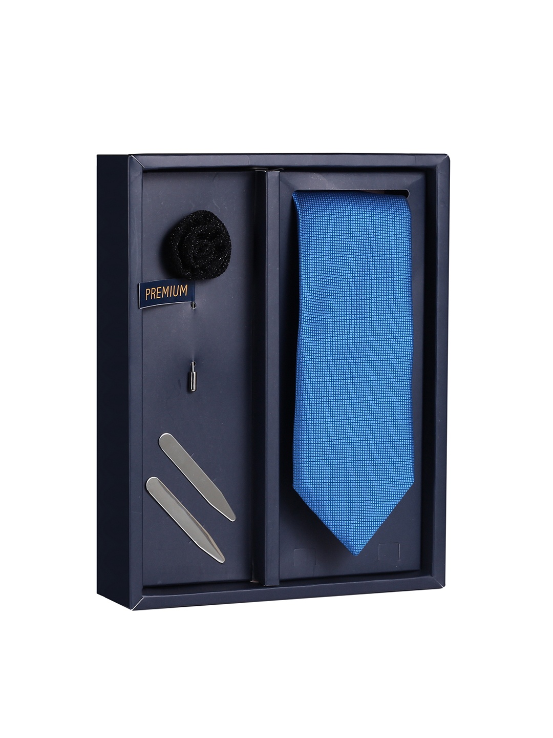 

PELUCHE Men Blue Broad Tie with Brooch & Collar Stay